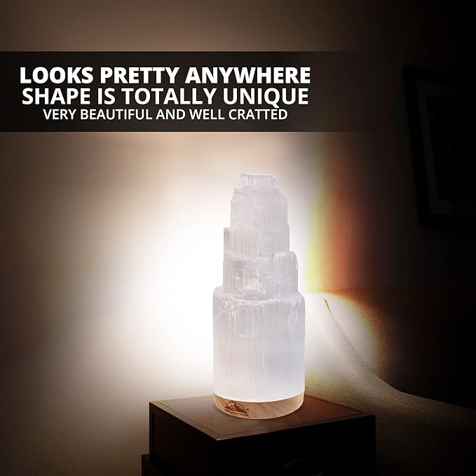 Himalayan Glow Selenite Crystal Lamp 20cm Large, Hand Curved Crystal Lamp with (ETL Certified) Wooden Base & USB Charging Cable for Home Décor - White