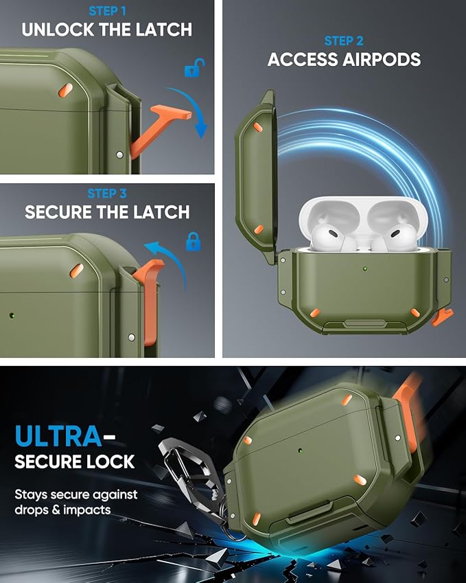 MoKo for AirPods Pro 3 Case with Secure Lock - IP68 Waterproof Case for iPods Pro 3, Military-Grade Protective Cover Earpods Pro 3 with Keychain, Phone Stand & Cleaner Kit, Green