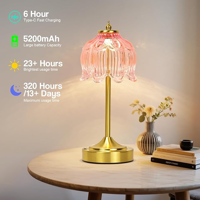 Cordless Lotus Flower Table Lamp, 5200mAh Rechargeable Battery Operated Portable Lamp, 3-Color Dimmable Touch Control Small Desk Lamp for Bedroom, Office, Kitchen, Nightstand,Room Decor (Flower Pink)