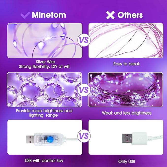 Minetom Halloween Purple Curtain Lights, 300 LED Dimmable Fairy Lights with Remote and Timer, 8 Modes, USB Powered String Lights for Room Wall Party Xmas Indoor Decor