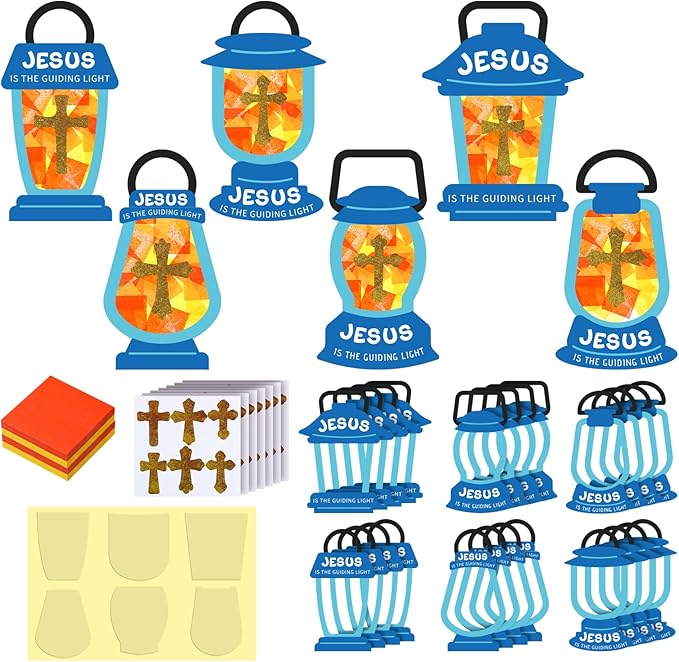 24 Sets Easter Crafts Religious Jesus Lights The Way Tissue Sign Cross Crafts Kit DIY Jesus Light Christian Religious Oil Lamp Cross Art for Camping Sunday School VBS Church Activities