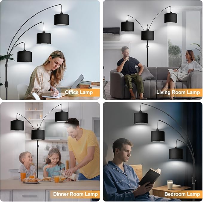 Dimmable Floor Lamp - 3 Lights Arc Floor Lamps for Living Room,Modern Tall Standing Tree Lamp with Black Linen Shade & Heavy Base,Mid Century Floor Lamp for Bedroom Corner Office, 3 LED Bulbs Included