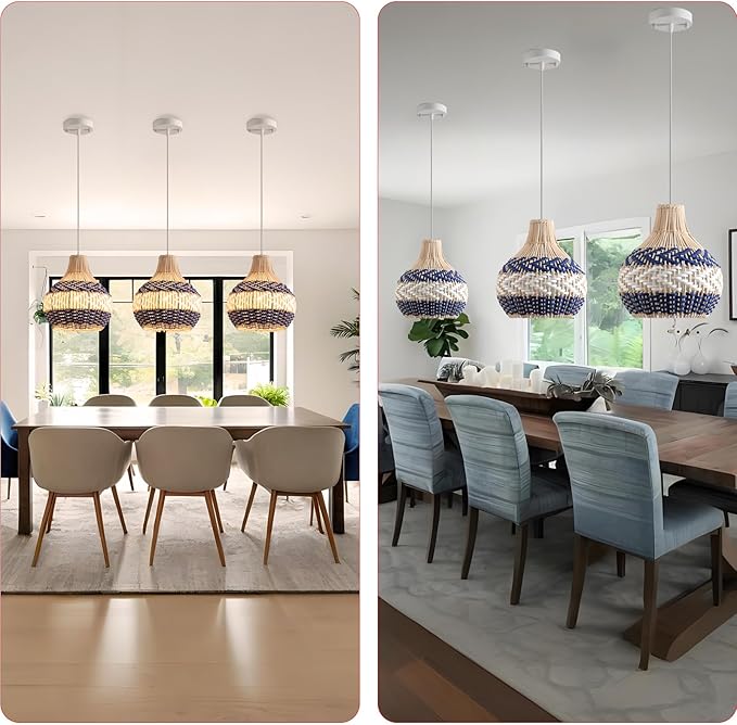 3-Pack Rattan Pendant Light,11In Blue White Hanging Light Hand-Woven Rattan Chandelier for Dining Living Bedroom Kitchen Farmhouse