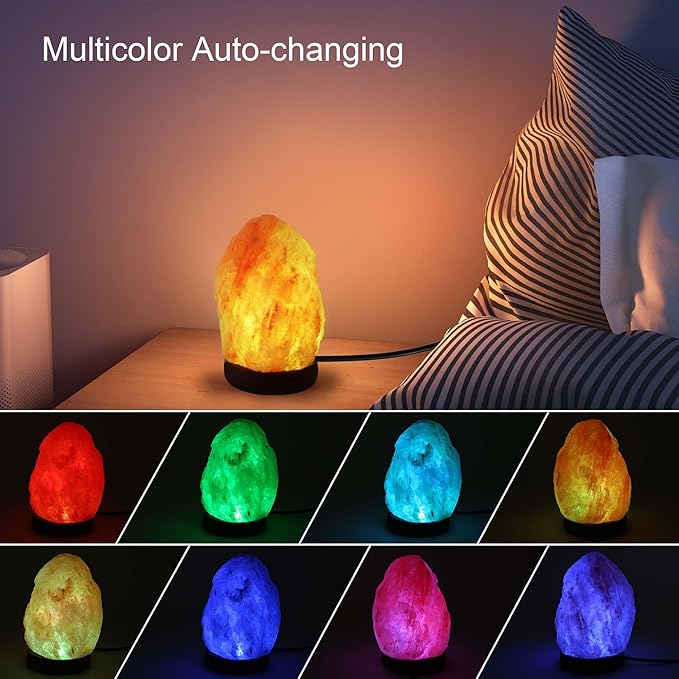 Wrcevtor Natural Salt Rock Night Lamp with 7 Colors Changing, Mini Small Crystal Salt Lamp for Home Decor and Gift - Natural Shaped, Premium Wood Base