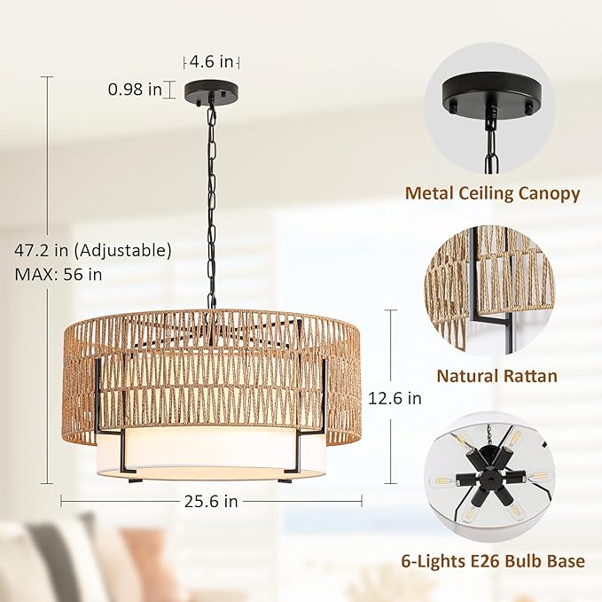 6-Light Large Rattan Chandelier, 25.6" Boho Pendant Light with Fabric Shade, Farmhouse Ceiling Light Fixture Chandelier for Dining Room, Living Room, Bedroom, Kitchen Island, Foyer, Hallway