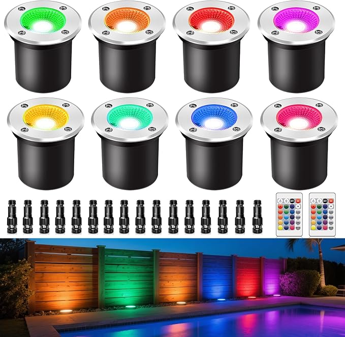 8Pack RGB Low Voltage Landscape Lighting 3W LED 12V Outdoor Inground Lights Waterproof Well Lights with Connectors Color Changing Pahtway Light for Garden Yard Patio(RGB+W)