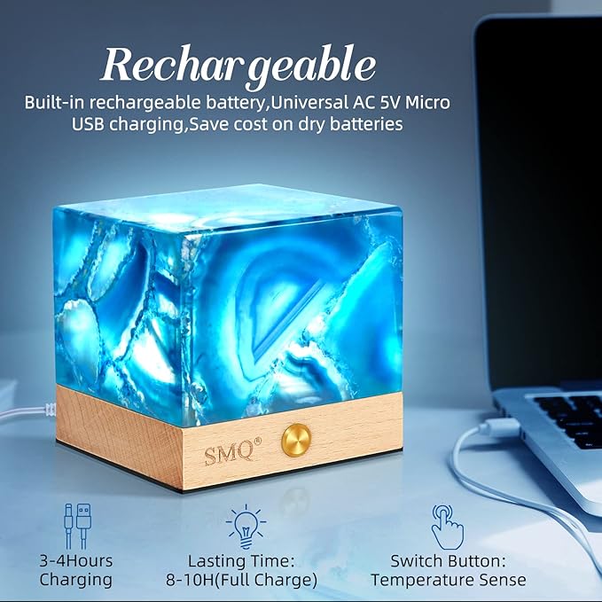 SMQ Blue Agate Crystal Night Light Handmade Polished Healing Crystal Stones Gemstone Square Touch Nightlight Lamp with USB Charging Port for Living Room,Shelf,Office Decor