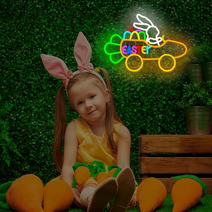Easter Neon Sign Dimmable Easter Bunny Neon Light for Wall Decor Carrot Cart Light Up Sign LED Bunny Driving a Carrot Cart for Party Decoration
