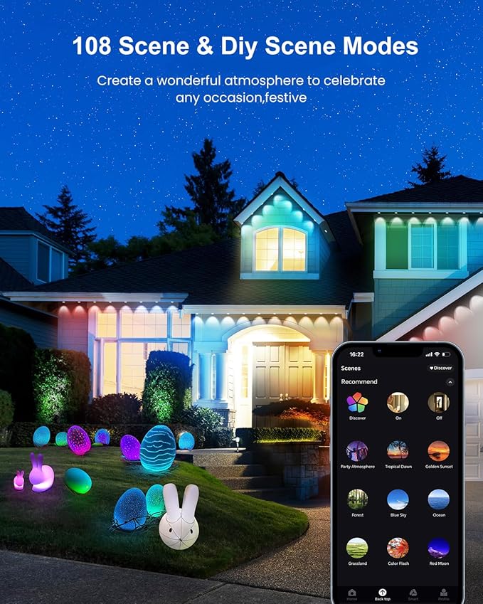 50FT Permanent Outdoor Lights, 108 Scene Modes Smart RGBW+IC Outdoor Christmas Lights with Remote APP Control, IP67 Waterproof LED Eaves Lighting for Halloween Party, Daily, Garden Decor