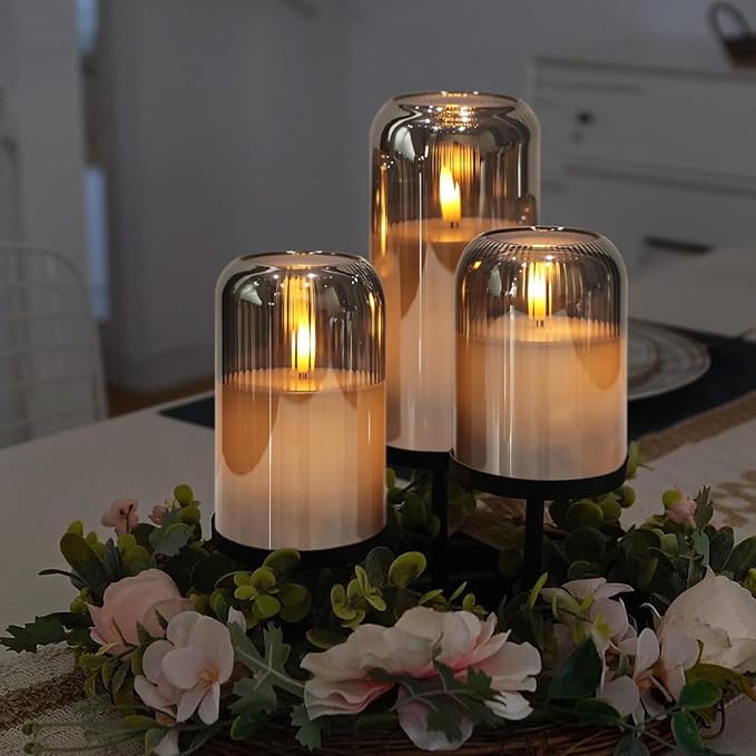 DRomance Glass Flameless Candles with Remote and Timer Battery Operated 3 Pack Real Wax Striped Gray LED Flickering Pillar Candles Dinner Wedding Halloween Christmas Holiday Decor(3" D x 4",5",6" H)