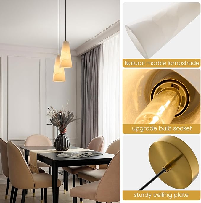 Alabaster Kitchen Island Pendant Light: White Marble Hanging Lights Set of 2 over Dining Table - Natural Stone Textured Pendants Lighting - Vintage Brass Cylinder Chandelier above Sink Bulb included