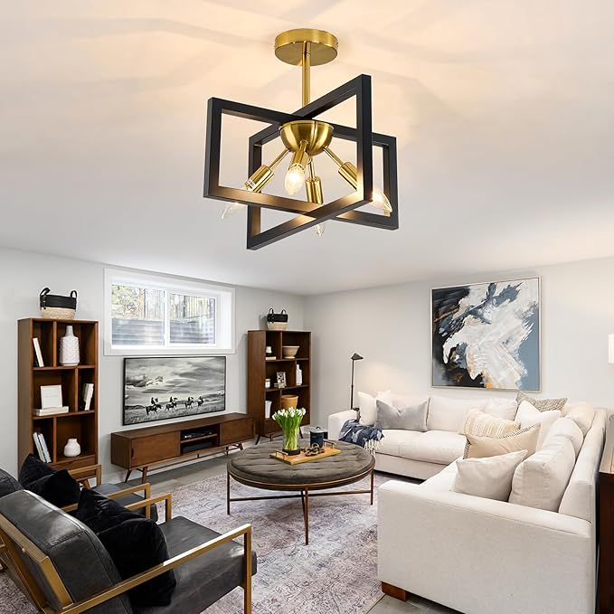 ZGLAOJT 4-Lights Ceiling Light Fixture Modern Black and Gold Semi Flush Mount Ceiling Lighting Matte Chandelier for Bedroom Kitchen Foyer Hallway Living Room Farmhouse