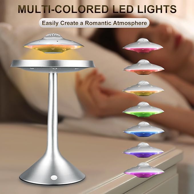 Magnetic Levitation Bluetooth UFO Speaker, Levitating UFO Speakers with Seven Color Night Lamp, Wireless Charging LED Lamp Bluetooth Speaker, 360°Rotating UFO Lamp (Silver)