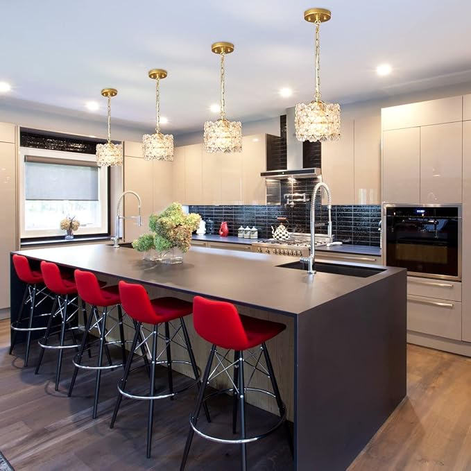 Crystal Pendant Light, Gold Adjustable Hanging Ceiling Light Fixture Modern Pendant Lighting for Kitchen Island, Dining Room, Living Room, Bedroom