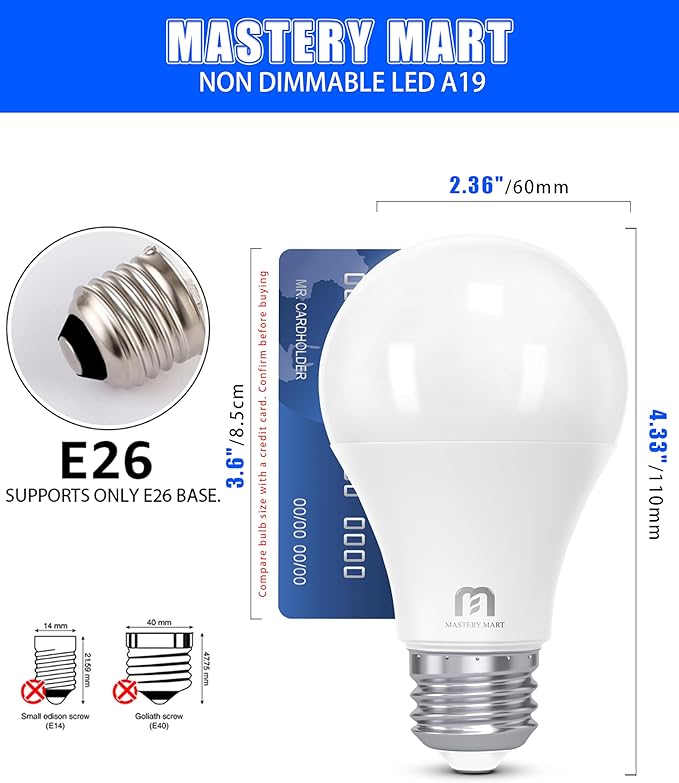 MASTERY MART A19 LED Bulbs 60 Watt Equivalent, 9W Non-Dimmable, Flicker-Free, 800 Lumens, Bright Daylight White 5000K, E26 Base, 10000 Hours, Energy Saving, Bright for Living Room, Bedroom, 12 Pack