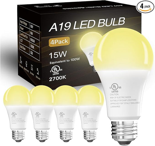 dalattin 4 Pack LED Bulbs Soft Warm 2700K, 100 Watt Equivalent A19 Standard Bulbs, E26 Base, 1500 LM, Efficient 15W Energy Saving, Non-Dimmable, 80+ CRI, 120V, UL Listed, for Living Room, Office