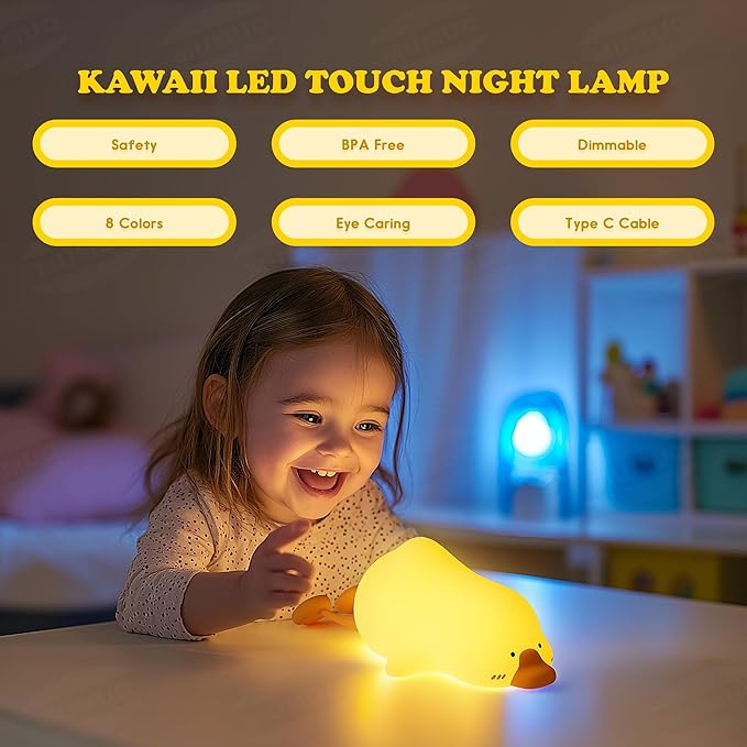 Goose Night Light for Kids, 8 Colors Silicone Cute Duck Lamp, Lying Flat Duck Nightlight, 3 Level Dimmable Kids Nightlight, Timer Rechargeable Bedside Touch Baby Night Lamp, Xmas Birthday Gifts