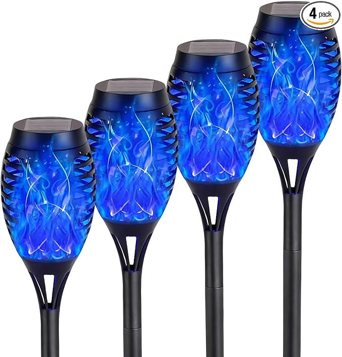Solar Torch Light with Flickering Flame,4Pack Solar Lights Outdoor,Waterproof Solar Powered Yard Garden Lights,Solar Flame Light,Torches Lighting for Outside Patio Lawn Path Decorations (Blue)