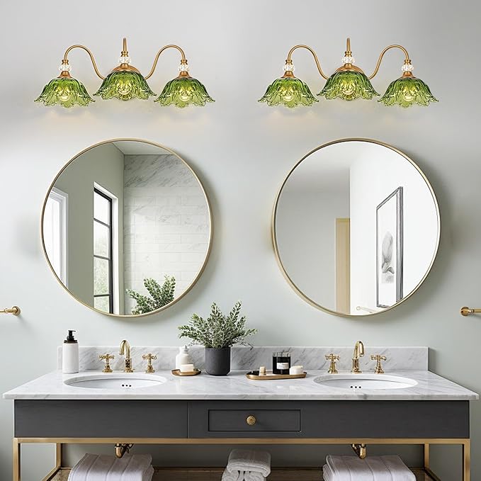 Vintage Bathroom Vanity Light, 3-Light Matte Brass Finish Vanity Light with Floral Green Glass Shades, Retro Wall Sconce for Bathroom, Dressing Table