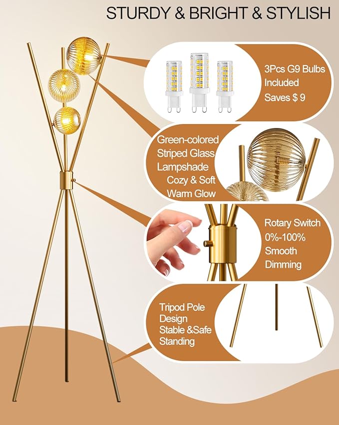 Lightdot Dimmable Tripod Floor Lamp Gold Art Deco Floor Lamp with Brown Globe Glass Lampshade 3Pcs Bulbs Included Tripod Standing Lamp for Living Room/Bedroom/Sofa Beside/Corner Decor