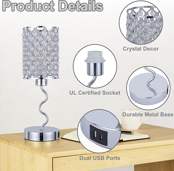 Crystal Table Lamp with 3 Way Dimmable Touch Control, Nightstand with USB A+C Ports, Modern Bedside Touch Lamp for Bedroom, Living Room, Office Reading, Silver