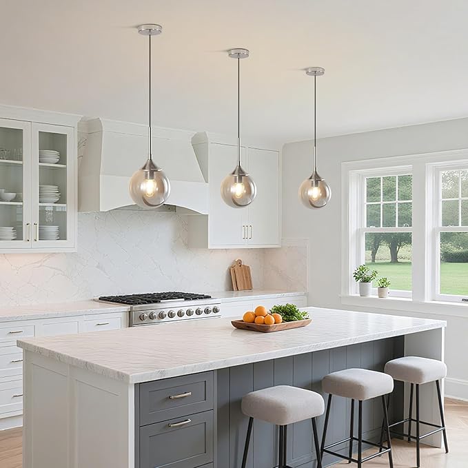 KCO Lighting 7.1” Smoked Glass Pendant Light Single Pendant Light Brushed Nickel Dining Room Light Fixtures Globe Hanging Light Fixture