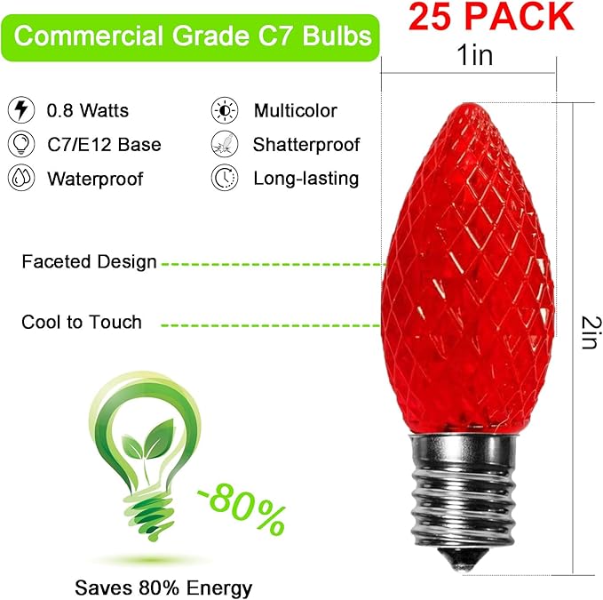echosari 25 Pack C7 LED Replacement Christmas Light Bulbs 0.8W for Outdoor String Light, UL Listed Commercial Grade Holiday Bulbs, C7/E12 Candelabra Base Sockets (Multicolor)