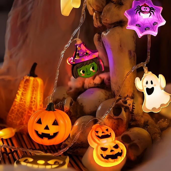 Halloween String Lights with Battery-Powered Decoration Featuring Mummies, Ghosts, Spiders,Witch, Skeletons, Witches, Black Cats-Cute Indoor Party Ornaments for Festive Decoration.（8 Elements）