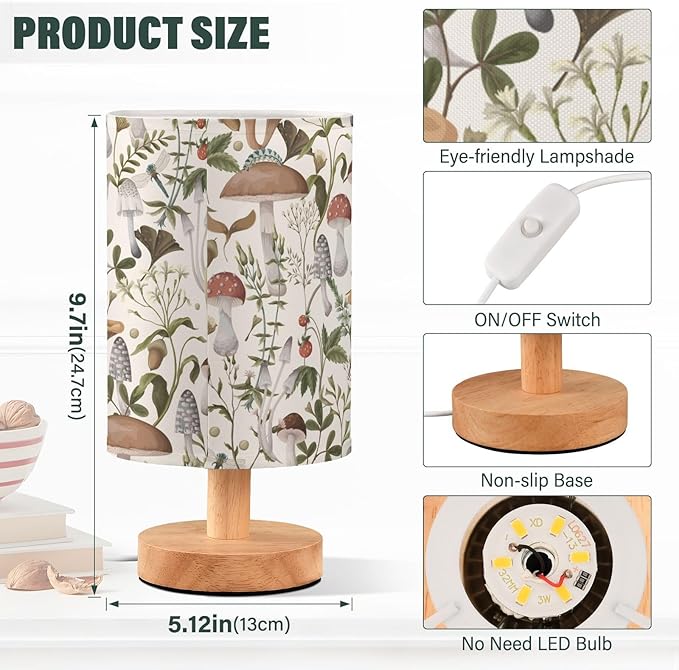 Bedside Table Lamp Mushrooms Nightstand Lamp with Wood Vintage Flower Leaves Desk Lamps for Bedroom Living Room Nursery Office Home Decor