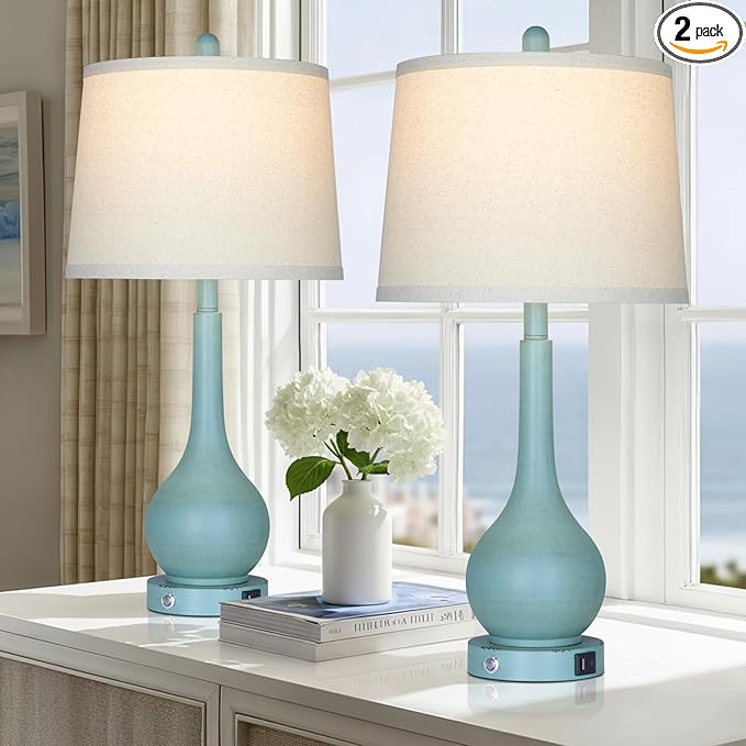 26" Coastal Table Lamps Set of 2, 3-Way Dimmable Touch Control Nightstand Lamps for Bedroom with USB A+C Ports, Modern Farmhouse Bedside Lamp for Living Room, Retro Blue (2 LED Bulbs Included)