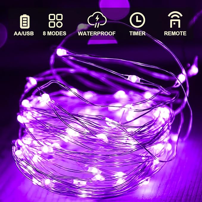 Aogist 2-Pack 50LED Fairy Lights 16ft Dual Power(USB/Battery) with Remote & Timer, 8 Modes Flexible Copper Wire Waterproof String Lights for Outdoor Christmas Wedding Bedroom Party Decor,Purple
