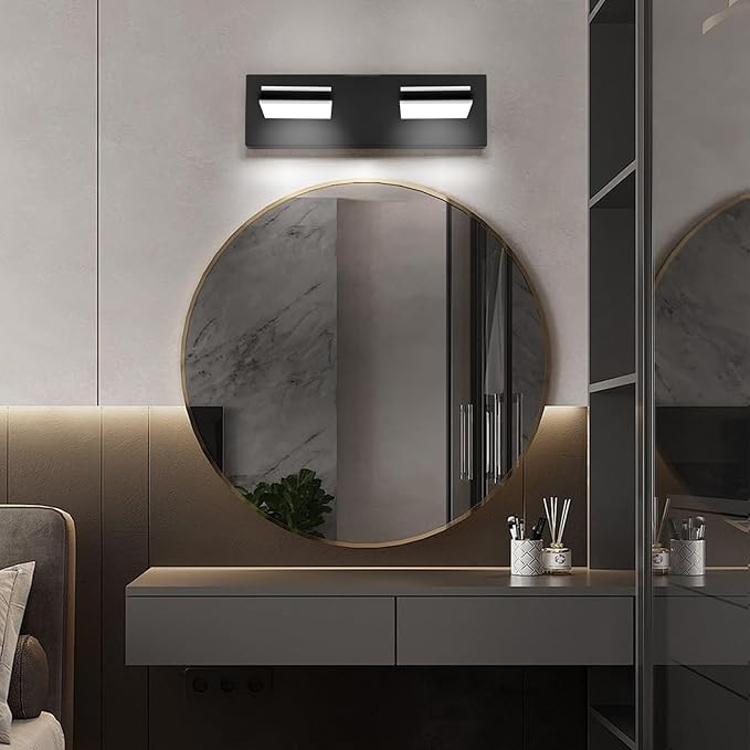 OKELI 2 Light Black Bathroom Vanity Light Over Mirror Modern LED Dimmable Bathroom Light Fixture Black 350° Rotatable Lamp Head 16W 6000K Cold White ETL Listed