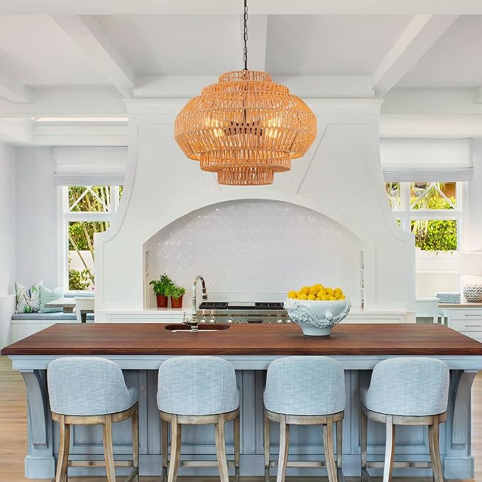 23.6‘’ Rattan Chandelier Dinning Room Pendant Light Fixture Boho Chandelier Boho Hanging Light Large Basket Light Woven Rattan Pendant Light for Kitchen Island Bedroom Farmhouse Living Room