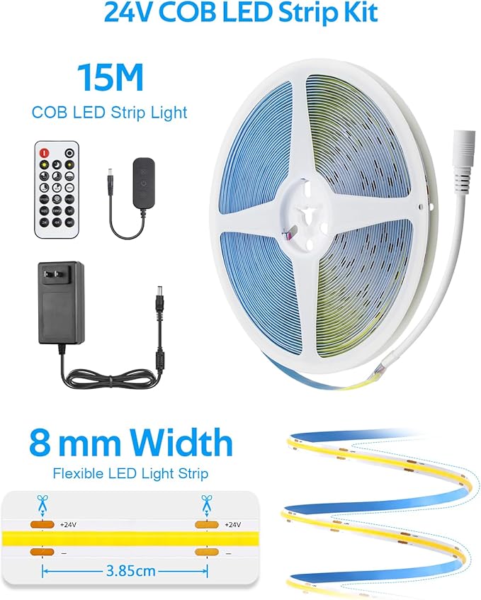 Aclorol 50FT COB LED Strip Lights 24V Cold White 6000K Dimmable LED Light for Bedroom with Remote and App Control 8mm Width LED Flexible Tape Lights for Cabinet Room Kitchen Mirror TV Bookshelves