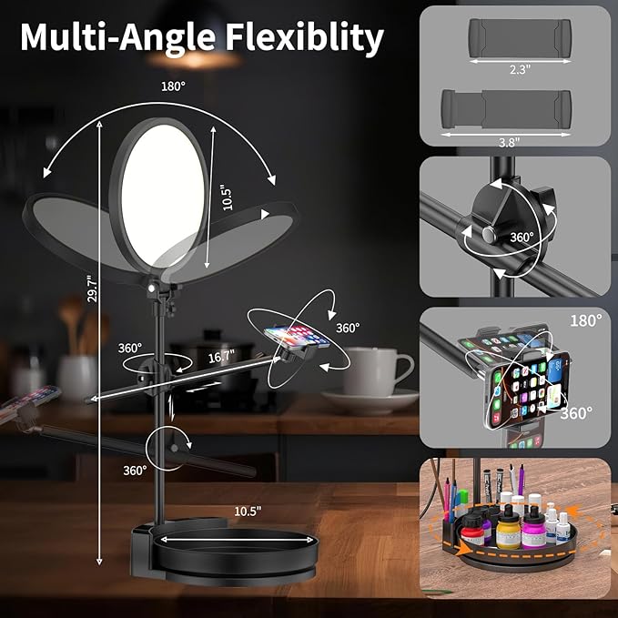 Desk Ring Light with Stand,55W Dimmable Full Screen Ring Light,with Rotating Storage Box,Pen Holder Stand,Phone Holder&Controller (White, 10.5)