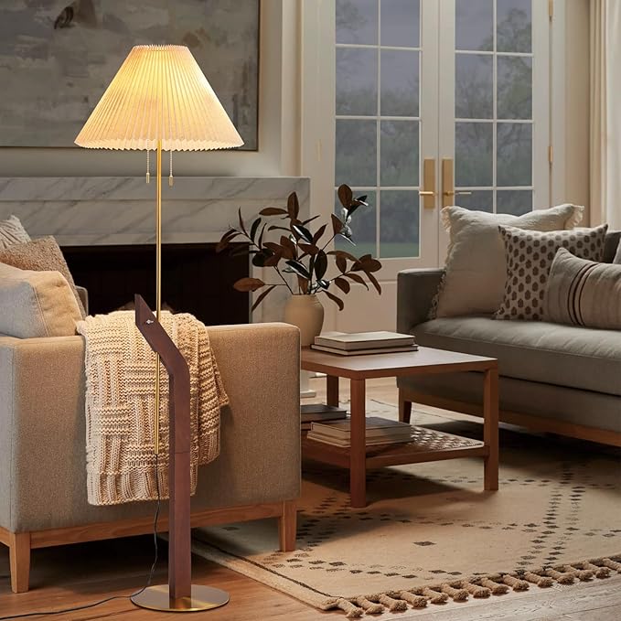 Wood Floor Lamp,Mid Century Modern Floor Lamp,Floor Lamps for Living Room, Height Adjustable Study Room,Bedroom,Office Gold Tall Standing Lamp