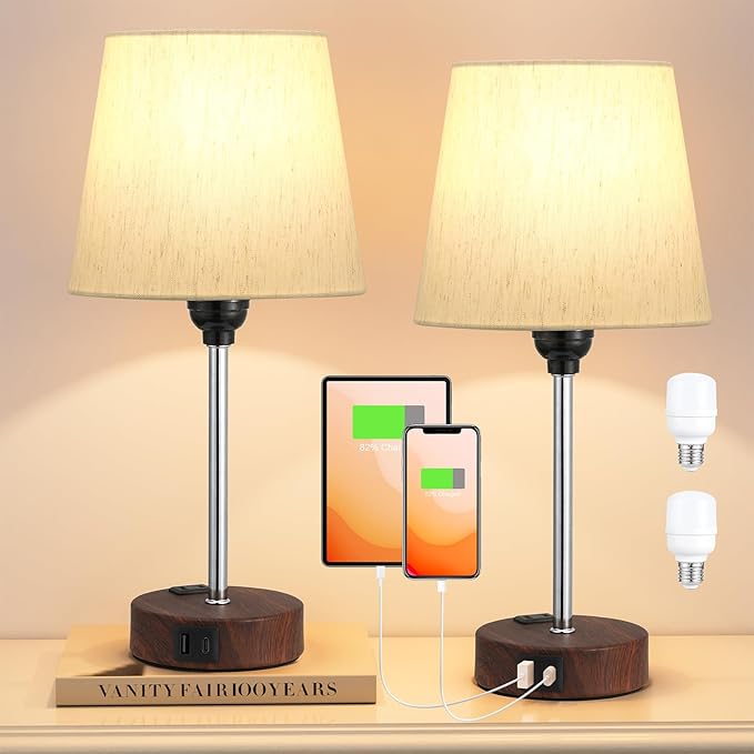 Acaxin Reddish Brown Bedside Lamps Set of 2 - Nightstand Bedroom Lamp with USB C Port and AC Outlet Charging, 3 Way Dimmable Touch Control Small Bed Side Table Lamp, Nightstand Light