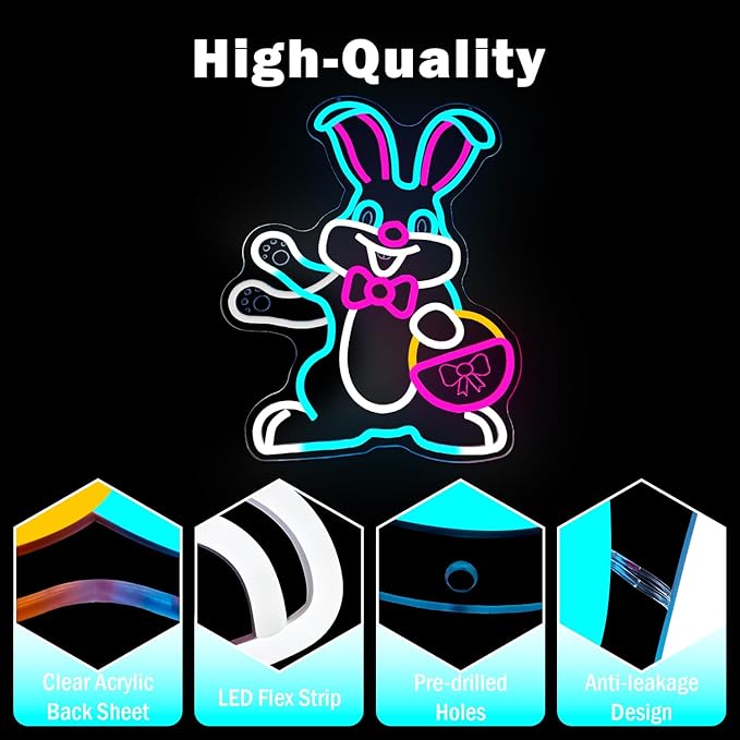 Easter Neon Sign Waving Bunny Neon Light Dimmable Spring Rabbit with Egg Basket Led Sign Easter Light Up Window Decorations Happy Easter Sign for Home