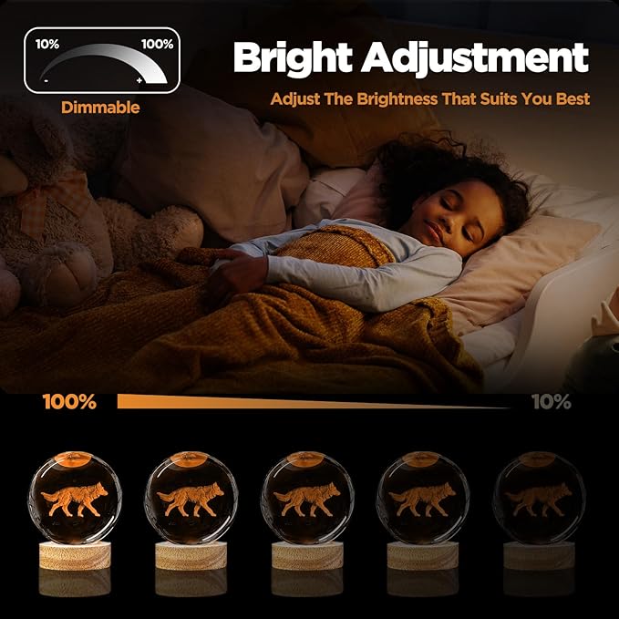 3D Wolf Crystal Ball Night Light,3.15in k9 Crystal Ball Lamp with 16 Colors Change,Wooden Base and Remote Control Wolf Figurine Statue Gifts for Kids