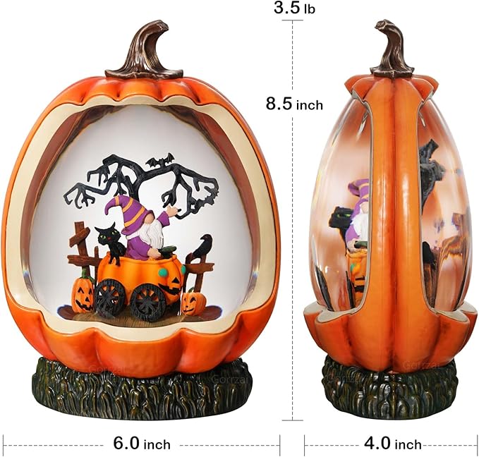 Halloween Snow Globe Lantern with Pumpkin Halloween Decorations Indoor for Home, Lighted Halloween Decor with Black Cat Gnome Timer Swirling Glitter, USB or Battery Operated