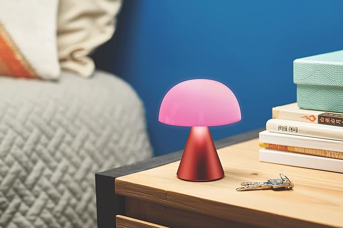 Lexon Mina M Mushroom Lamp - Portable Bedside Light for Bedrooms, Kids & Nursery - 9 LED Color Rechargeable Table Lamp with 24h Light & Dimmer, Medium - Dark Red