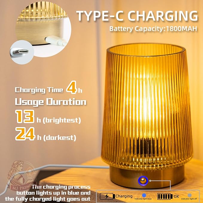 MJ PREMIER Cordless Lamps Rechargeable Glass Table Lamp Portable Dimmable Brightness Touch Battery Operated Lamp Cordless Beside Touch Lamp for Bedroom Kitchen Dining Bathroom Rechargeable Yellow