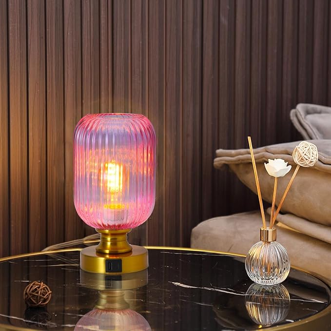 Mid Century Glass Table Lamp,Dimmable Desk Lamp,LED Bulb Included,Touch Control & USB A+C Port,Pink Ribbed Glass