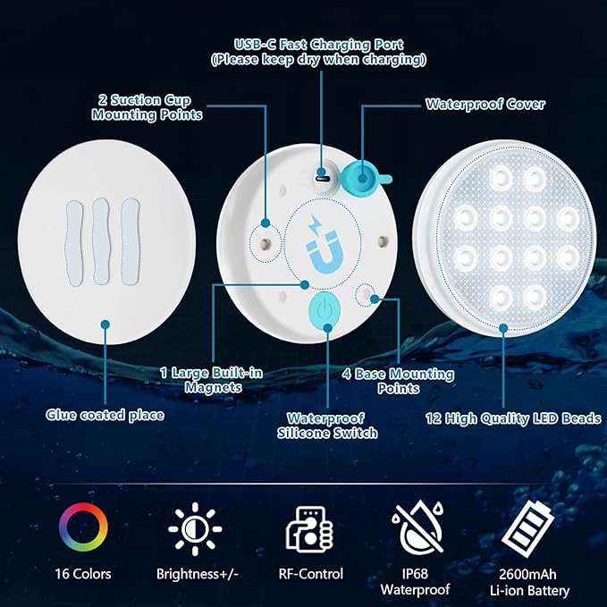 Pool Lights,Rechargeable Submersible LED Lights with Remote,IP68 Waterproof 16 Color LED Floating Pool Lights with Magnet, Suction Cups for Above Ground Inground Pool,Pond,Bathtub 2 Pack