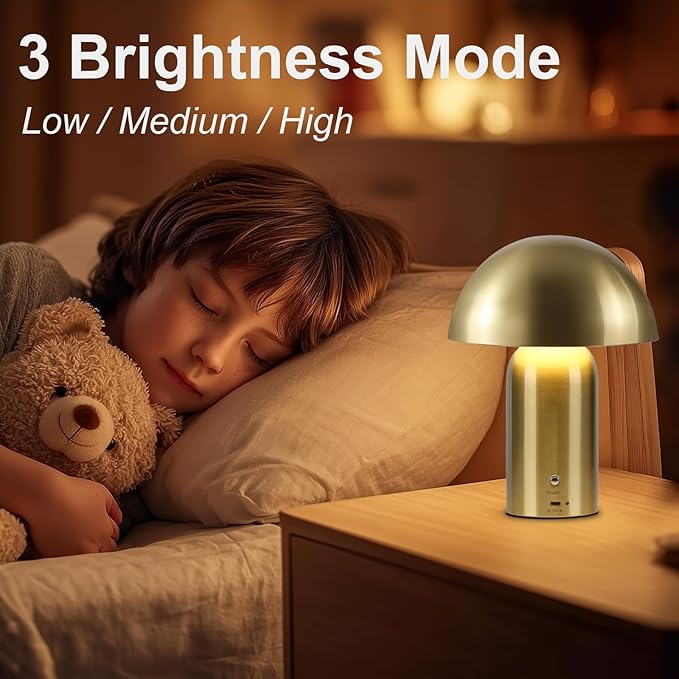 Gold Cordless Table Lamp, LED Rechargeable Battery Operated Desk Lamp, 3-Way Dimming Touch Lamps for Living Room, Small Bedside Nightstand Light for Bedroom