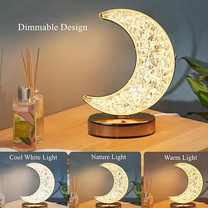 Modern Crystal Table Lamps Moon Lamp with Base Touch Control,Rechargeable and Dimmable Bedside Nightstand Nursery Light 3 Color Adjustable, Christmas Ramadan Bedroom Decorations Gift,7x4x4in