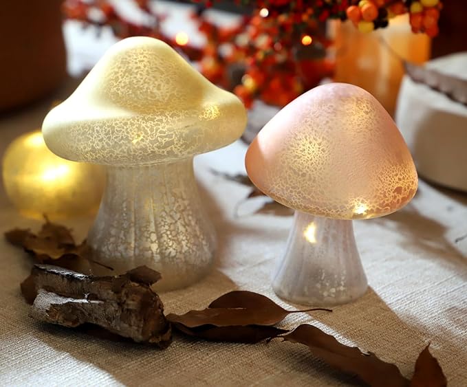 Glass Mushroom Lamp Cute Lamps for Bedrooms Battery Operated Mushroom Night Light Funky Lamp Ideal for Indoor & Outdoor Garden Decor (Yellow, Set 1)