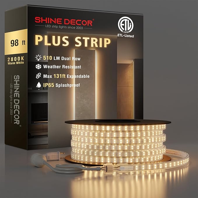 Shine Decor Plus LED Strip Lights AC 120V, Connectable Double Row Bright Rope Light, ETL IP65 Waterproof & Weather-Resistant for Accent Lighting, 7x17mm, 2800K Warm White, 98FT