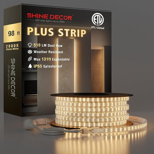 Shine Decor Plus LED Strip Lights AC 120V, Connectable Double Row Bright Rope Light, ETL IP65 Waterproof & Weather-Resistant for Accent Lighting, 7x17mm, 2800K Warm White, 98FT