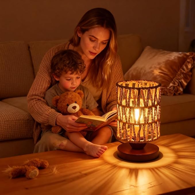 Handmade Rattan Lamp Farmhouse Table Lamp for Bedroom, Stepless Dimming Rustic Woven Lamps for Night Stands with Warm White LED Bulb, Boho-Inspired Boho Lamps for Living Room Kitchen Nook